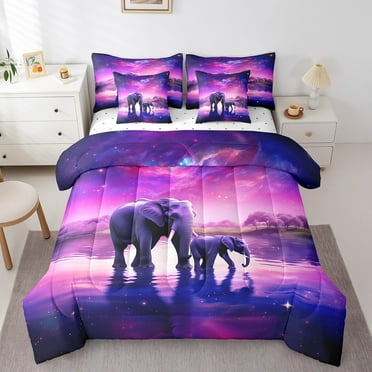 Elephants Bedding Twin Size 7pcs, Bed in a Bag 3D Wildlife Galaxy Comforter Set, Animals Woodland Room Decor Bedding Comforter Sets For Bed, Pink Purple Starry Sky Teen Bed Sheets Set