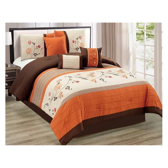 7-Piece Embroidered Floral Scroll Pleated Orange/Chocolate/Taupe/Tan Bedding Comforter Set (90 "x 92" Queen)