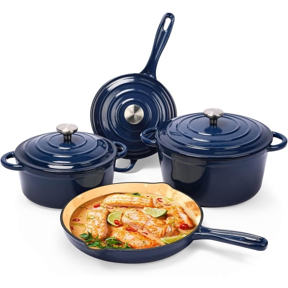 7 Piece Enameled Cast Iron Cookware Set - Dutch Ovens, Sauce Pan, Skillet, 3 Lids, Ceramic Coated Cast Iron, Heavy Duty, Gas/Induction Compatible (Navy)