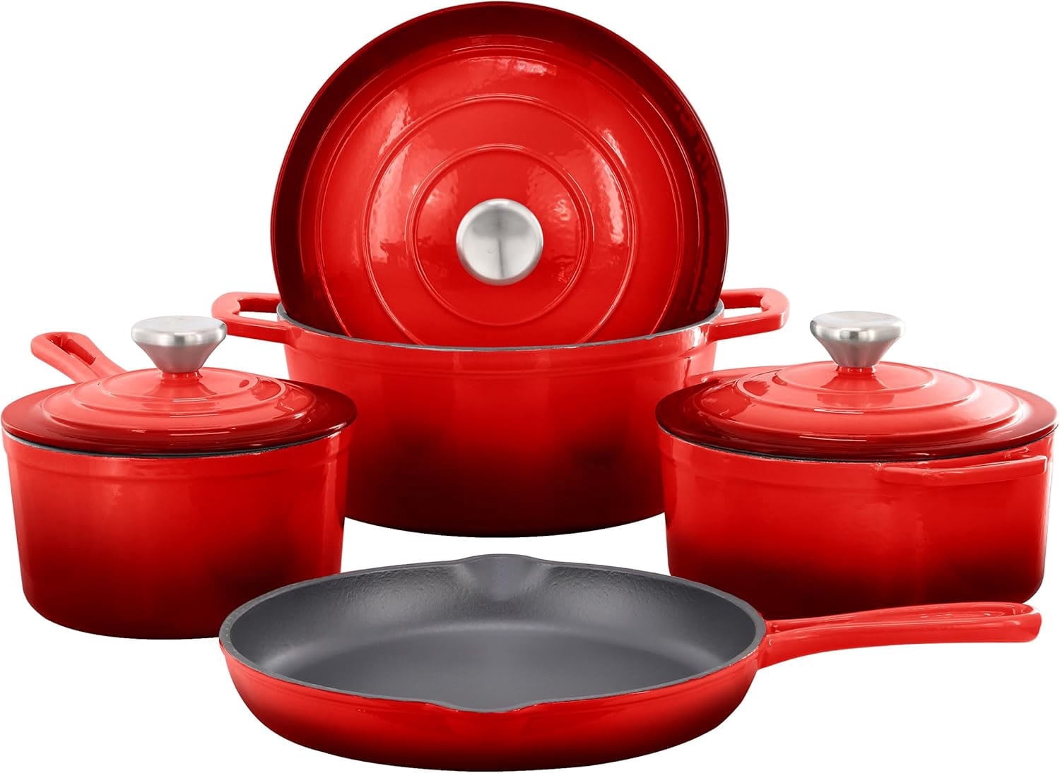 7 Piece Enameled Cast Iron Cookware Set, Heavy Duty Pots and Pans with Durable Enamel Finish, Cast Iron Kitchen Cookware Collection