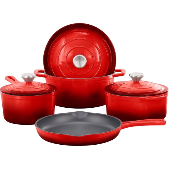 7 Piece Enameled Cast Iron Cookware Set, Heavy Duty Pots and Pans with Durable Enamel Finish, Cast Iron Kitchen Cookware Collection
