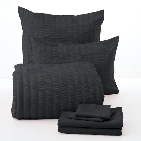 7-Piece Everyday Bed-in-a-Bag Comforter Set in Seersucker Black, King Size, Comforter and Sham(s) with Matching Sheet & Pillowcase Set, Soft, Cozy and Durable and Easy Care by Dawn