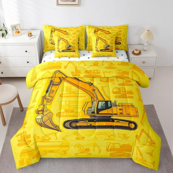7 Piece Excavator Twin Size Bed in a Bag Cartoon Car Bedding Sets Construction Machinery Truck Comforter Set with Sheets Equipment Tractor Bed Set Ngineering Vehicle Print Sheets