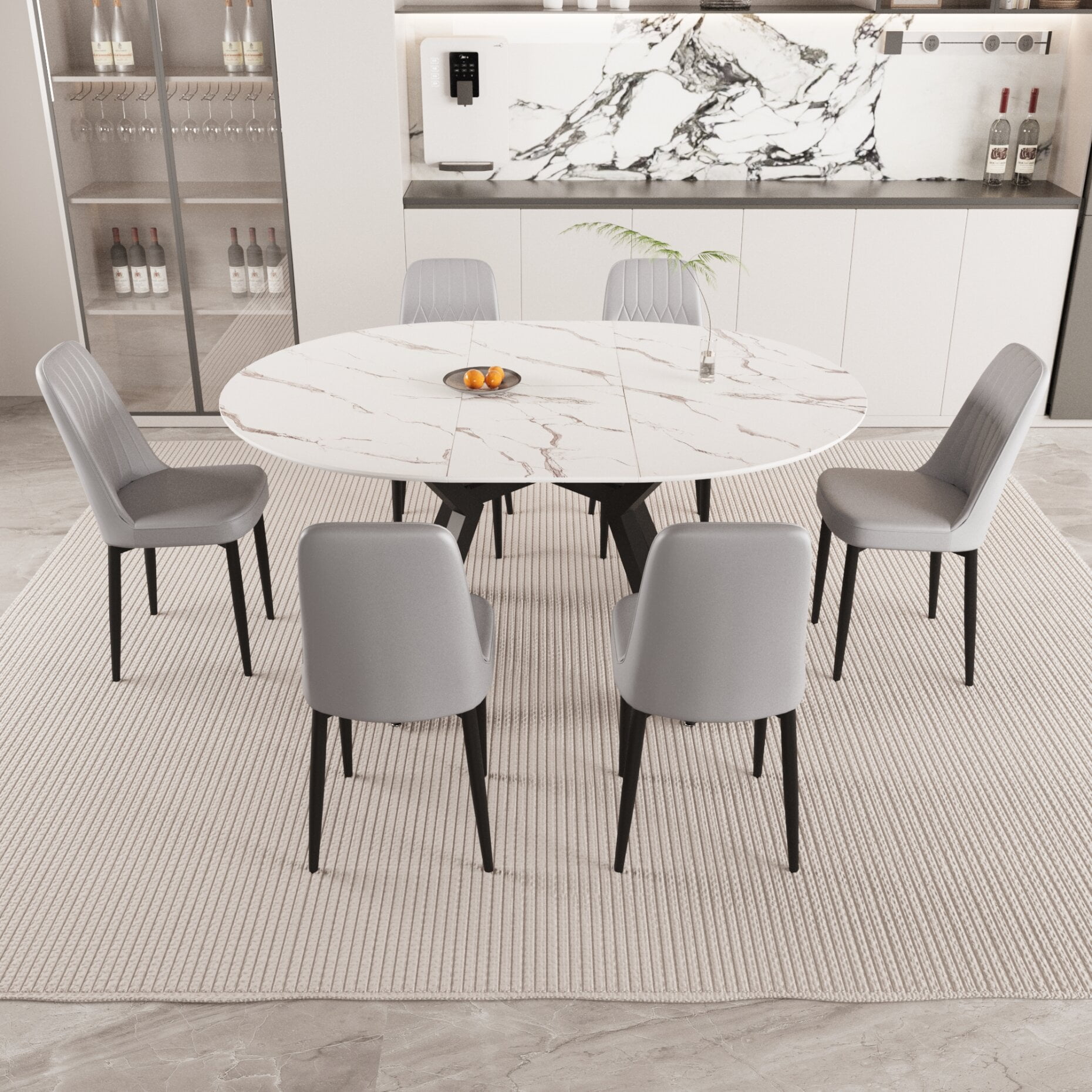 7-Piece Expandable Round Dining Table Set with 6 PU Cushioned Chairs ...