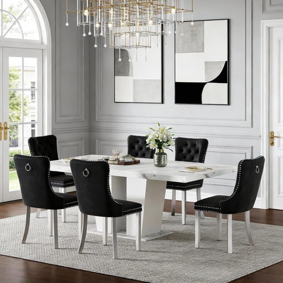 7 Piece Extendable Dining Room Table Set for 6, 63"-79" Faux Marble Kitchen Table and 6 Black Tufted Chairs Set for 6, Modern Large Expandable Dinner Tables Set with White Double Columns Base