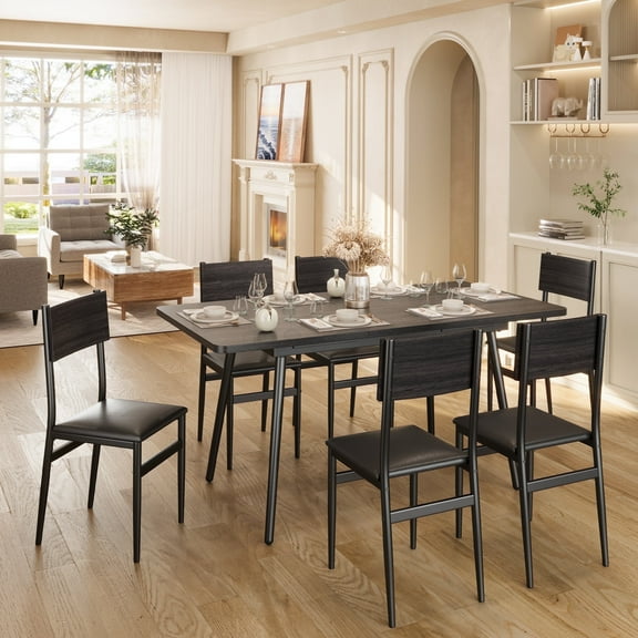 7-Piece Extendable Dining Table Set,63"Kitchen Table with 6 Padded Chairs,MDF & Metal Frame,Space-Saving for 4-6 People, Small Spaces, Black