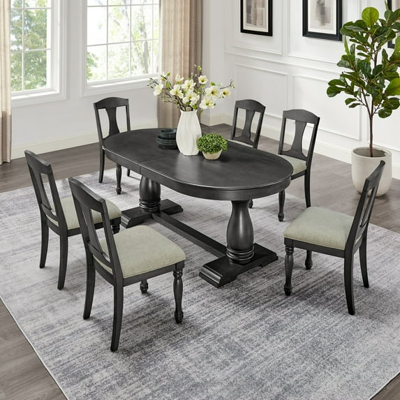 7-Piece Extendable Dining Table Set, 76"-94" Long Expandable Curved Dining Table with Removable Leaf and 6 Upholstered Chairs for Kitchen Room, Dark Oak