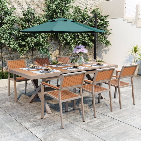 7 Piece Extendable Patio Dining Sets, All-Weather Outdoor Dining Sets with 83-inch Expandable Wood Dining Table and 6 Armchairs for Porch, Backyard, Camel
