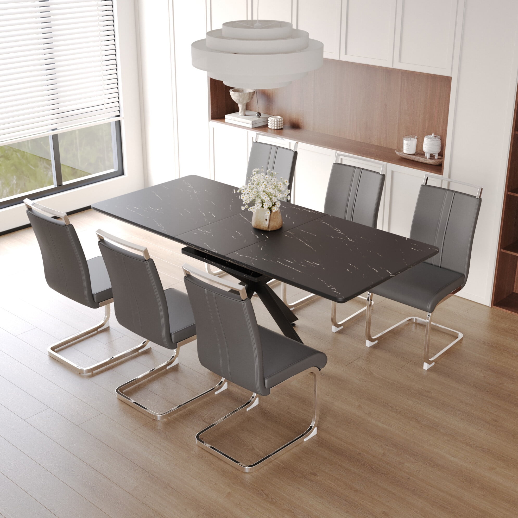 7-Piece Extensible Kitchen Table Chairs Set,6-Piece C-Shaped Tube Soft ...