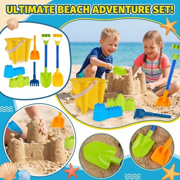 7-Piece Extra Large Yellow Castle Bucket Builder Set with Precision Scoops and Rakes, Durable Sand Construction Kit for Endless Outdoor Summer Shore Fun