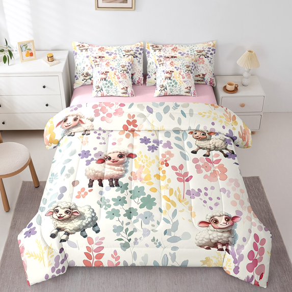 7 Piece Farm Sheep Queen Bedding Set,Farmhouse Animal Comforter Set with Sheets,Cute Colorful Flower Bed in a Bag Watercolor Floral Bed Set with Fitted Sheet+Flat Sheet+Pillowcases