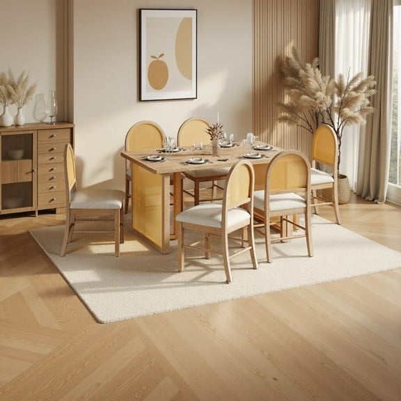 7-Piece Farmhouse Dining Set - Rustic Oak Table with 6 Rattan Chairs​