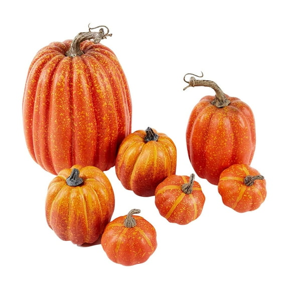 7-Piece Farmhouse Fall Pumpkin Set - UV-Resistant Polyresin Decor for Porch/Hearth, Shatterproof Thanksgiving & Halloween Decorations with Realistic Stem Details
