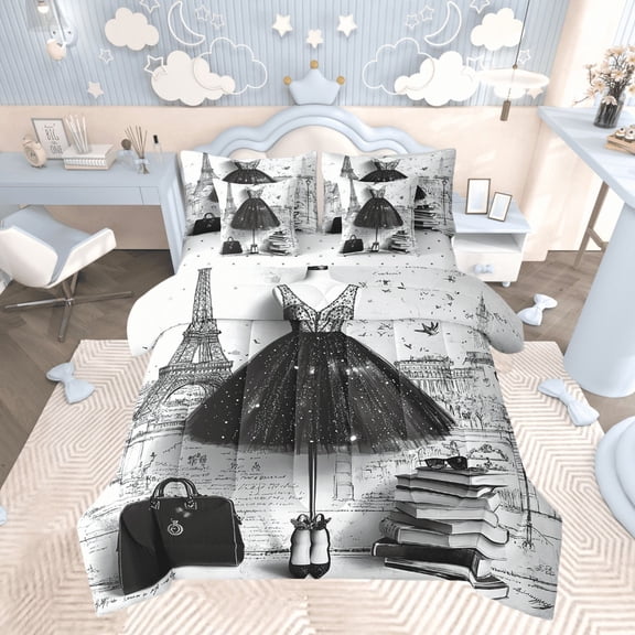 7 Piece Fashion Blakc Bed in a Bag Girly Dress Eiffel Tower Paris Bedding Sets Romantic Makeup Themed Comforter Set with Sheets Black High Heels Print Bed Set Perfume Print Sheets Twin
