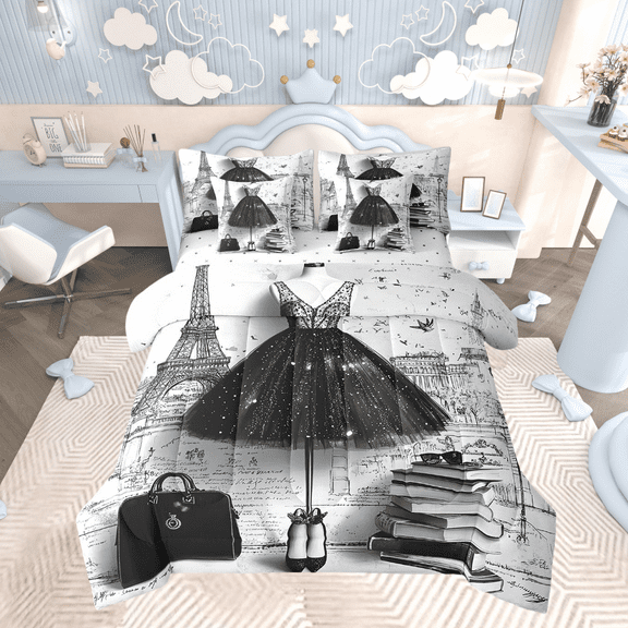 7 Piece Fashion Blakc Bed in a Bag Girly Dress Eiffel Tower Paris Bedding Sets Romantic Makeup Themed Comforter Set with Sheets Black High Heels Print Bed Set Perfume Print Sheets Twin