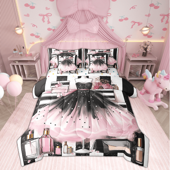 7 Piece Fashion Girly Dresses Comforter Set Modern Black White Polka Dots Bed in a Bag King Size Floral Perfume Print Bed Set Romantic Makeup Themed Sheet Set Pink Dresse Decor Fitted Sheet