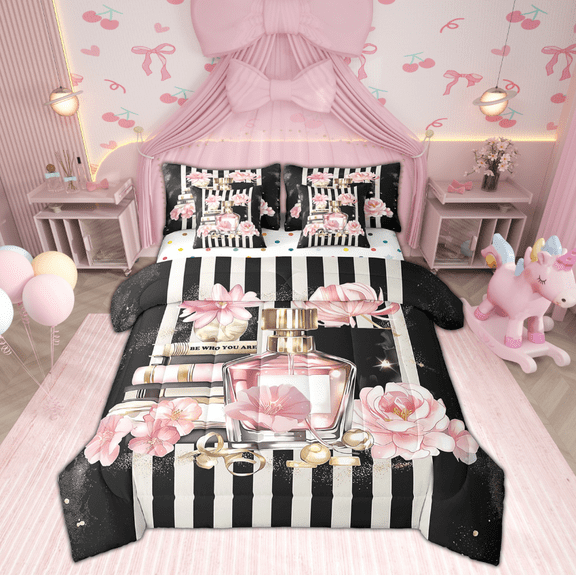 7 Piece Fashion Pink Bed in a Bag Full Size Modern Girly Black White Stripe Comforter Set, Women Pink Floral Bed Set Perfume Print Sheet Set Romantic Makeup Themed Fitted Sheet