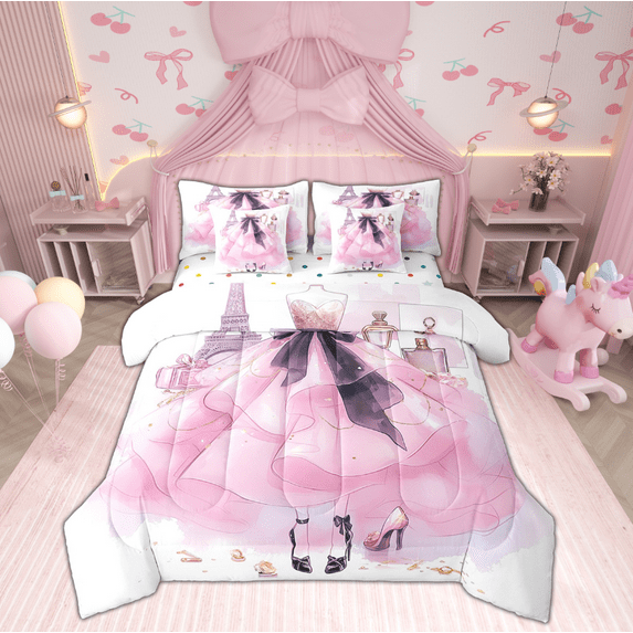 7 Piece Fashion Pink Comforter Set Queen Size Modern Fashion Woman Dress Bed In A Bag Eiffel Tower Paris Bed Set Black High Heels Romantic Makeup Themed Sheet Set Perfume Print Bedding Fitted Sheet