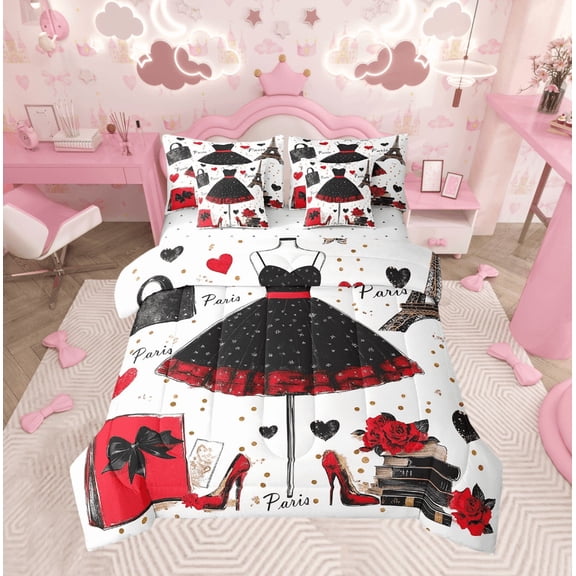 7 Piece Fashion Woman Dress Bedding Sets Golden Polka Dots Bed in a Bag Full Red Black Dress Decor Comforter Set with Sheets Romantic Makeup Themed Bed Set Eiffel Tower Paris Sheets