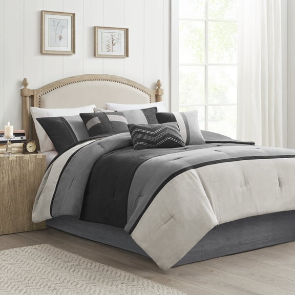 7 Piece Faux Suede Comforter Set Black Queen