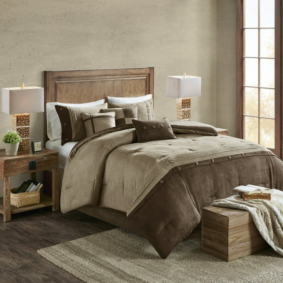 7 Piece Faux Suede Comforter Set Brown Queen