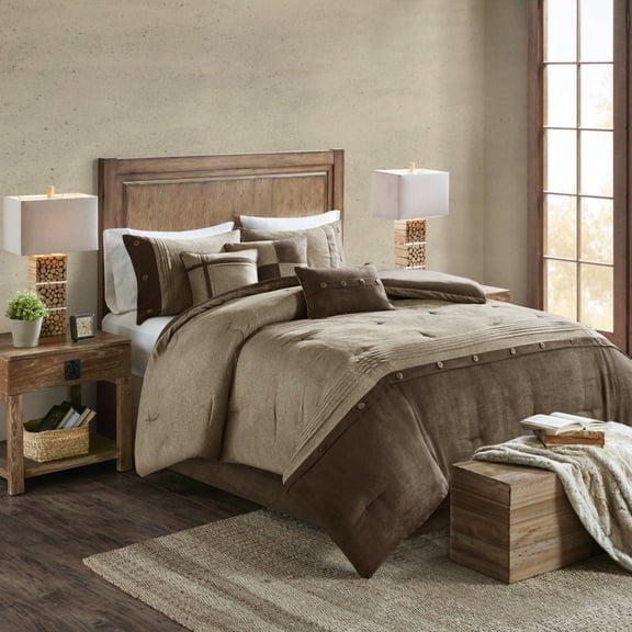 7 Piece Faux Suede Comforter Set Brown Queen