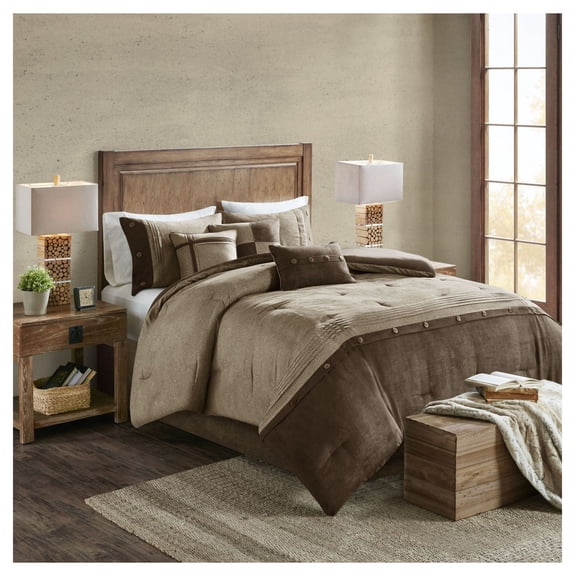 7 Piece Faux Suede Comforter Set - Cal King, Cabin Style Pieced Fabric, Decorative Buttons, Hypoallergenic, Machine Washable