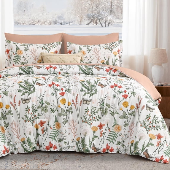 7 Piece Floral Comforter Set King Size Pink Green Summer Bedding ...