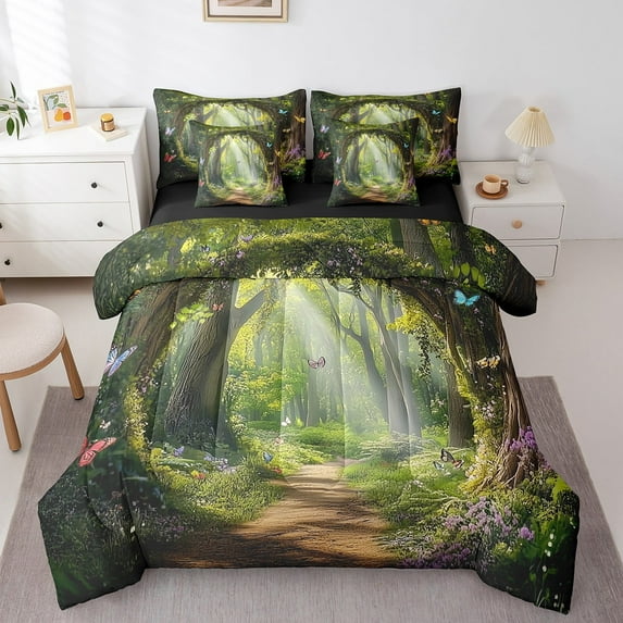 7 Piece Forest Bedding Set Full Comforter Set,Magical Woodland Jungle Bed in a Bag,Dreamy Misty Scene Flat Fitted Sheet,Rainbow Butterfly Bedding Comforter Sets