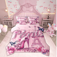thumbnail image 1 of 7 Piece France Paris Style Bed In A Bag Queen Rose Purple High Heel Print Bedding Comforter Sets Eiffel Tower Romantic Themed Bed Set Dreamy Glitter Butterfly Sheet Set Princess Bedroom Decor, 1 of 5
