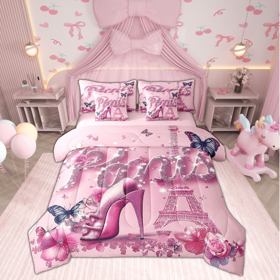 7 Piece France Paris Style Bed In A Bag Queen Rose Purple High Heel Print Bedding Comforter Sets Eiffel Tower Romantic Themed Bed Set Dreamy Glitter Butterfly Sheet Set Princess Bedroom Decor