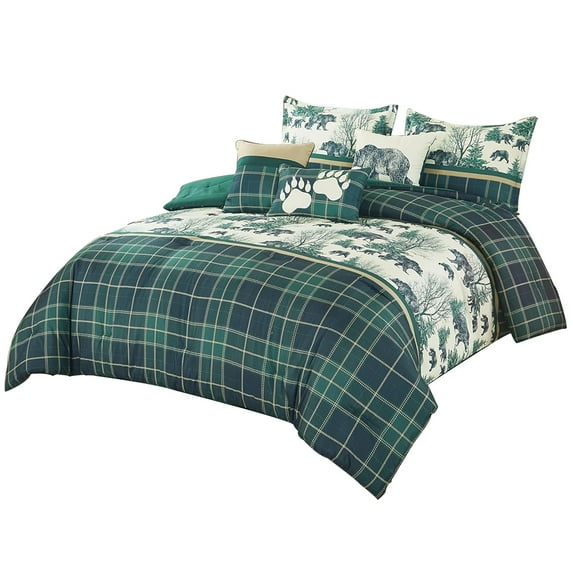 7-Piece Full Northwest Cabin Lodge Comforter Set - Multicolor Grizzly Bear Pine Tree Wilderness Printed Microfiber Lightweight Bedding for Year-round Use, Easy Care
