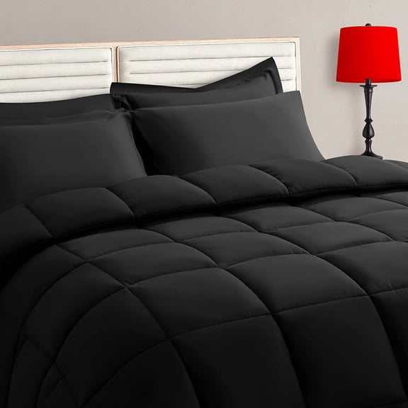 7-Piece Full Size Reversible Comforter Set, Dark Grey, All Season Soft Quilted Fluffy Bedding with Sheets, Pillow Shams & Pillowcases