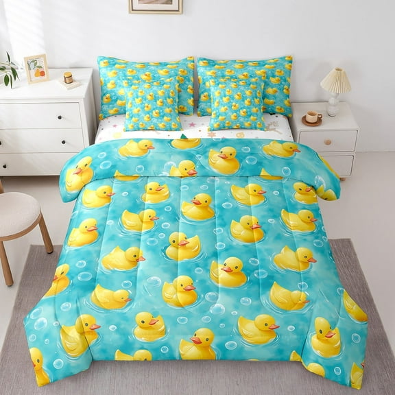 7 Piece Funny Duck Twin Bedding Set,Yellow Rubber Duck Bed in a Bag with Sheets,Cute Animal Print Reversible Comforter Set with Fitted Sheet,Flat Sheet,Pillowcases