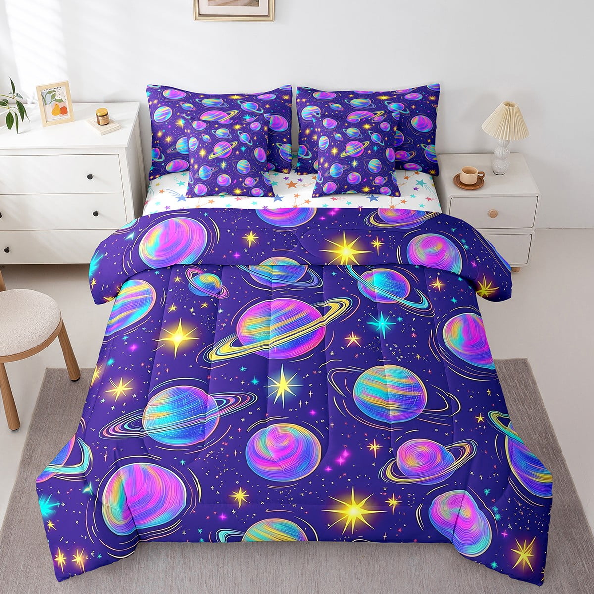 7 Piece Galaxy Twin Size Bed in a Bag Starry Sky Print Bedding Sets ...