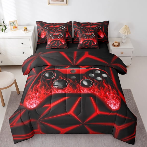 7 Piece Game Bed in a Bag Queen Gamer Gifts, 3D Geometric Gaming Bedding Sets for Game Room Decor Comforter Set with Sheets Flame Game Consoles Bed Set Gaming Action Buttons Sheets Red