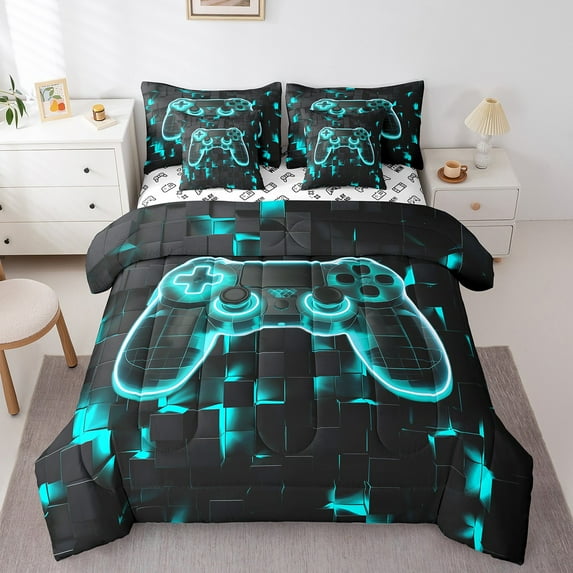 7 Piece Gamer Bed in a Bag for Boys Queen Gaming Room Bedding Comforter Sheet Set, Geometry Honeycomb Print Bed Set Modern Abstract Plaid Fitted Sheet Gamepad Controller Decor Flat Sheet