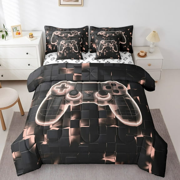 7 Piece Gamer Bed in a Bag Twin, Boys Gaming Bedding Comforter Sheet Set Kids Girls Gaming Room Bed Set Beige Pink Geometry Honeycomb Print Fitted Sheet Modern Abstract Plaid Cushiom Covers