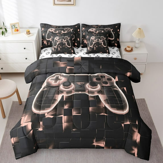 7 Piece Gamer Bed in a Bag Twin, Boys Gaming Bedding Comforter Sheet Set Kids Girls Gaming Room Bed Set Beige Pink Geometry Honeycomb Print Fitted Sheet Modern Abstract Plaid Cushiom Covers