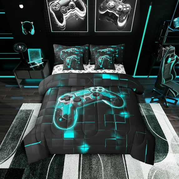 7 Piece Gamer Full Bedding Sets ,Teal and Black Neon Gaming Comforter Set with Sheets,Geometry Checkered Bed in a Bag,Video Games Bed Set with Pillowcases & Shams