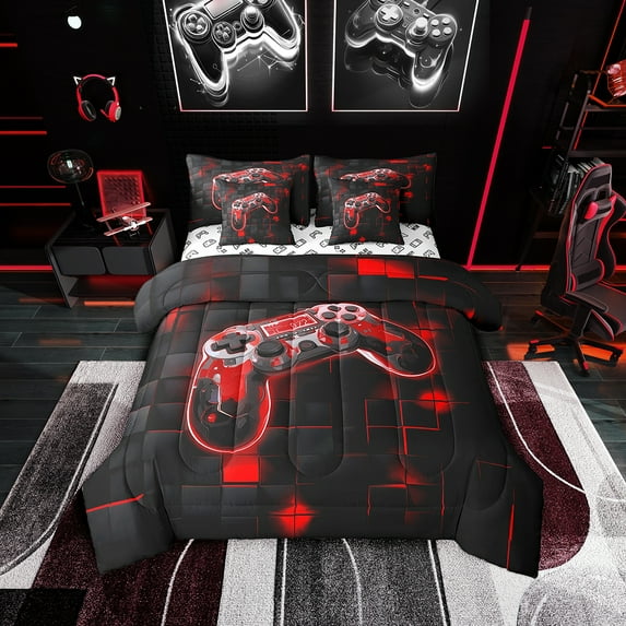 7 Piece Gamer Queen Bedding Sets ,Red and Black Gaming Comforter Set with Sheets,Neon Geometric Checkered Bed in a Bag,Video Games Bed Set with Pillowcases & Shams