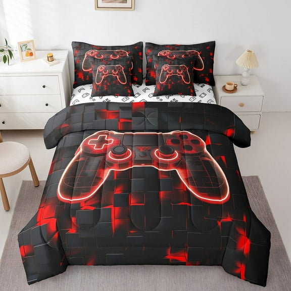 7 Piece Gaming Bed in a Bag Gamer Bedding Set Queen,Gaming Room Bedding Comforter Sheet Set Geometry Honeycomb Print Bed Set Abstract Plaid Fitted Sheet Reversible