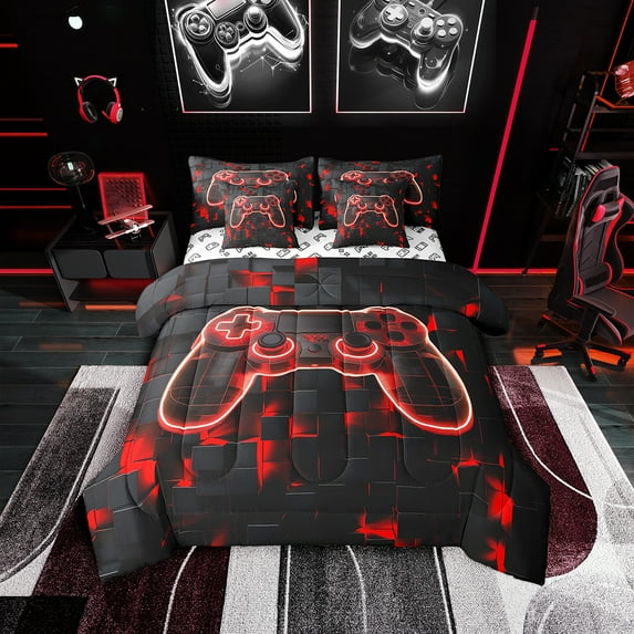 7 Piece Gaming Bed in a Bag Gamer Bedding Set Queen, Gaming Room Bedding Comforter Sheet Set Geometry Honeycomb Print Bed Set Abstract Plaid Fitted Sheet Reversible
