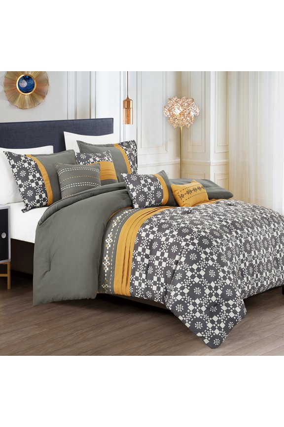 7-Piece Geometric Comforter Set – Gray, Mustard & White – Tribal Southwestern Bedding with Decorative Pillows & Shams – Soft Microfiber Pieced Set (Kachina, Queen)