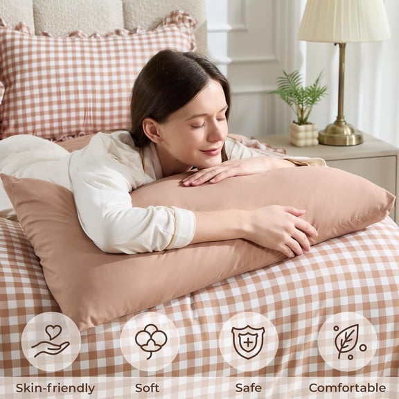 7-Piece Gingham Ruffle Comforter Set Queen Size Brown Tartan Bedding with Sheets Pillowcases Shams