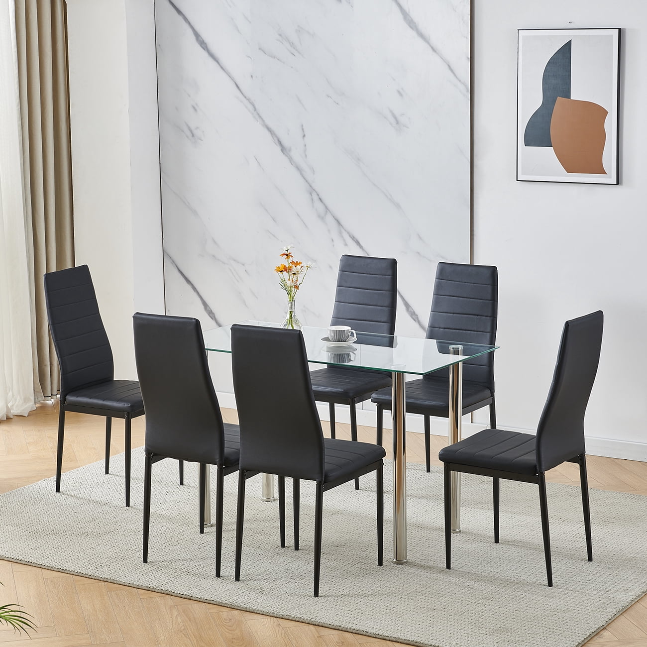 7-Piece Glass Dining Set,Square Dining Table Set with Metal Frame ...