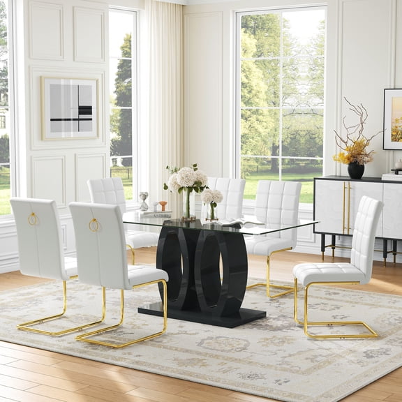 7-Piece Glass Dining Table Set, 63" Rectangular Tempered Glass Table with 6 Stainless Steel PU Leather Cantilever Chairs, Stainless Steel Legs, for Dining Room, Living Room, Office