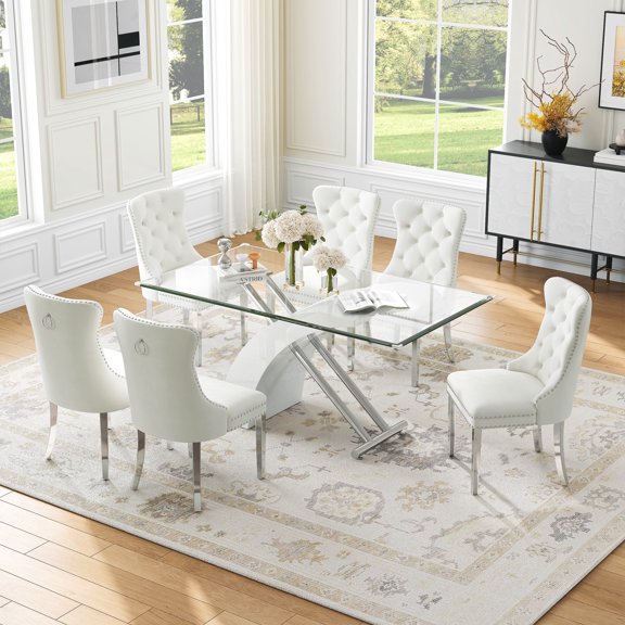 7-Piece Glass Dining Table Set, 63" Rectangular Tempered Glass Top, X-Shaped Base, Velvet Cushioned Stainless Steel Frame Dining Chairs, for Living Room, Kitchen