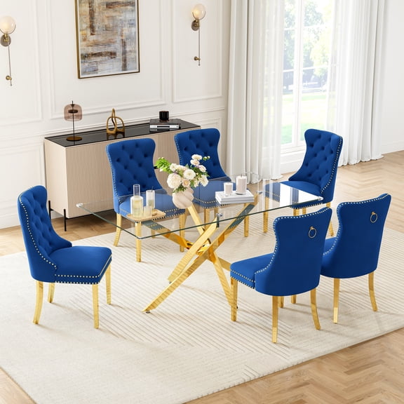 7-Piece Glass Dining Table Set, 63" Tempered Glass Top with Gold Stainless Steel Cross Legs, 6 Velvet Upholstered Tufted Dining Chairs with Pull Ring, for Dining Room, Living Room