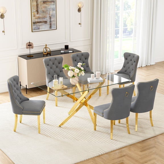 7-Piece Glass Dining Table Set, 63" Tempered Glass Top with Gold Stainless Steel Cross Legs, 6 Velvet Upholstered Tufted Dining Chairs with Pull Ring, for Dining Room, Living Room